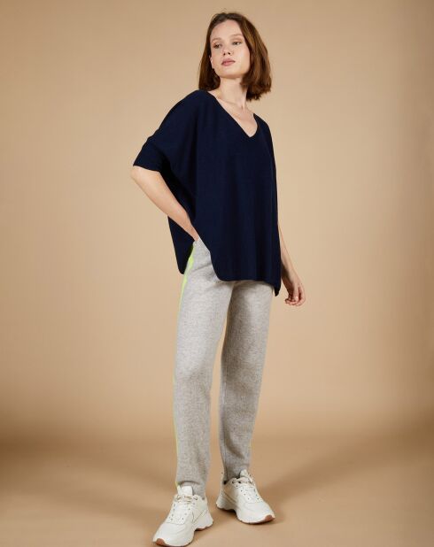 Pull poncho 100% Cachemire Kelly col V manches courtes bleu nuit