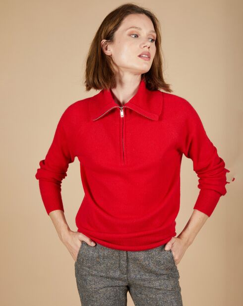 Pull 100% Cachemire Audrey col zippé rouge carmen