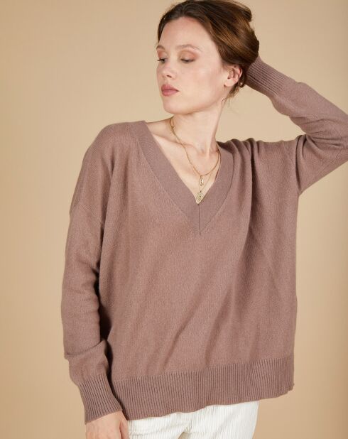 Pull 100% Cachemire Iris Col V profond oversize taupe