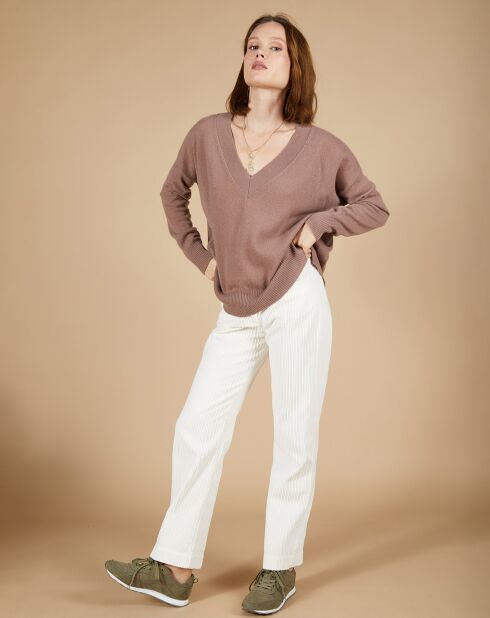 Pull 100% Cachemire Iris Col V profond oversize taupe