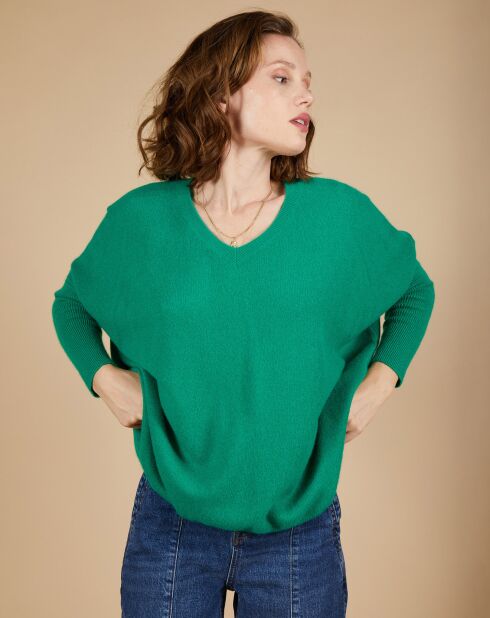 Pull poncho 100% Cachemire Emma col V vert impérial