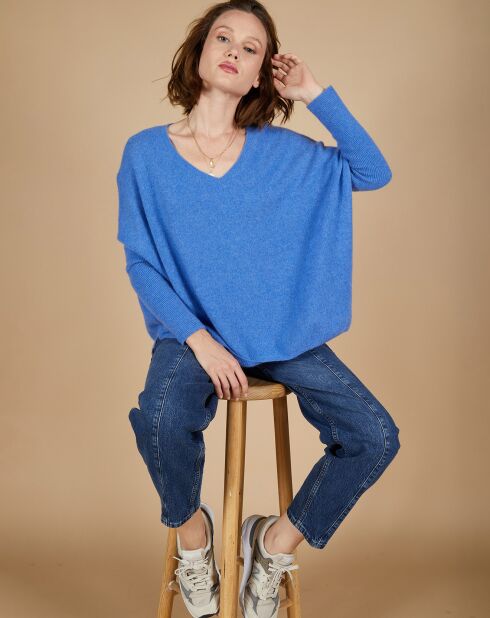 Pull poncho 100% Cachemire Emma col V bleu moyen