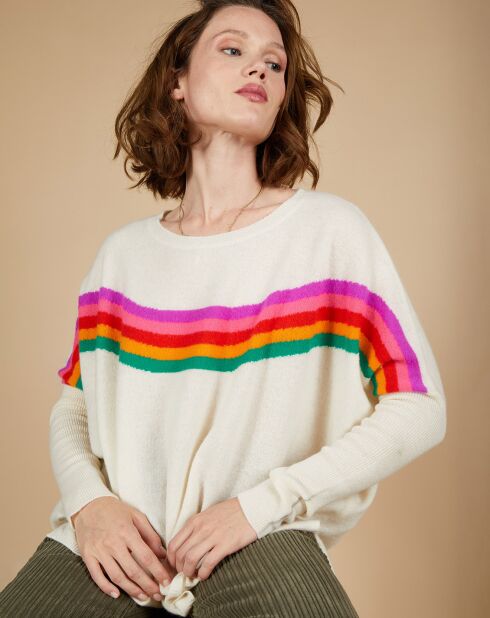 Pull poncho 100% Cachemire Rocky col rond à bandes blanc cassé