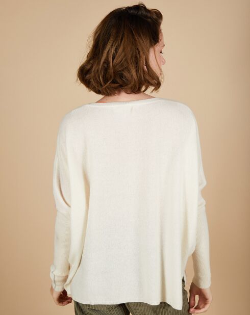 Pull poncho 100% Cachemire Rocky col rond à bandes blanc cassé