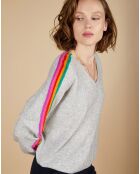 Pull poncho 100% Cachemire Wimbow col V à bandes manches gris chiné clair