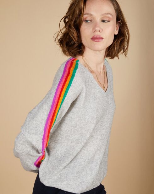 Pull poncho 100% Cachemire Wimbow col V à bandes manches gris chiné clair