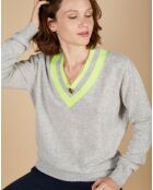 Pull 100% Cachemire Marley col V à bandes gris chiné clair/jaune fluo