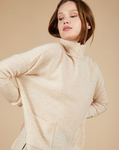 Pull ample 100% Cachemire Alicia Col roulé à poches beige chiné