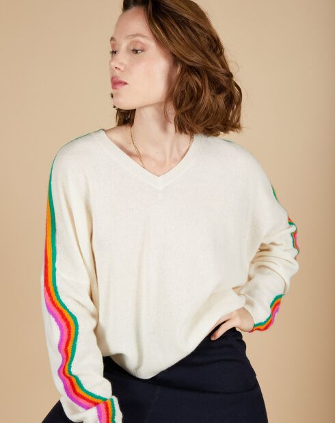 Pull poncho 100% Cachemire Wimbow col V à bandes manches blanc cassé