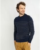 Pull en Cachemire & Laine Memarino rayé col rond bleu marine