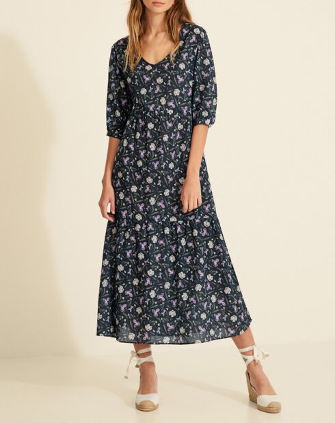 Marineblaues, fließendes, bedrucktes Kleid Cléa