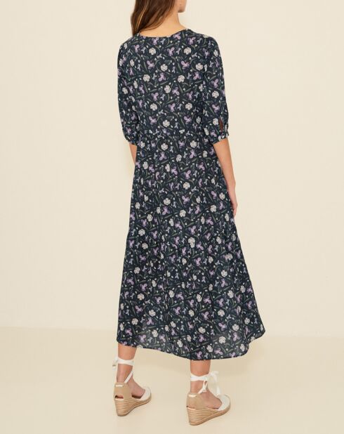 Marineblaues, fließendes, bedrucktes Kleid Cléa