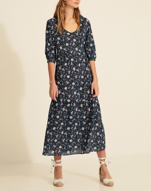 Marineblaues, fließendes, bedrucktes Kleid Cléa