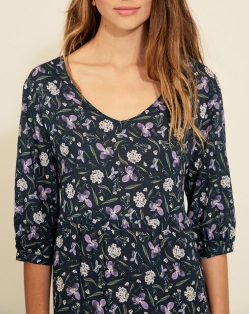 Marineblaues, fließendes, bedrucktes Kleid Cléa