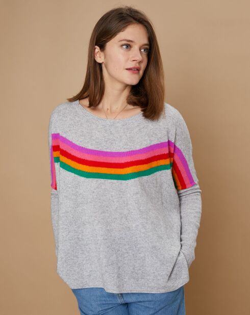 Pull poncho 100% Cachemire Rocky col rond à bandes gris chiné clair