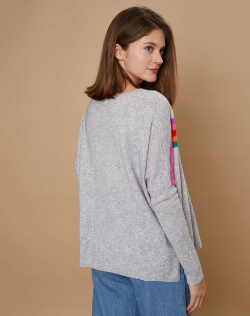 Pull poncho 100% Cachemire Rocky col rond à bandes gris chiné clair