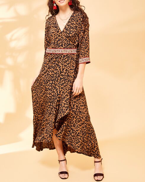 Lella bruin/zwarte lange jurk met luipaardprint