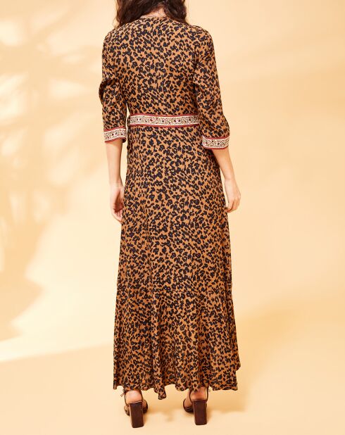 Lella bruin/zwarte lange jurk met luipaardprint