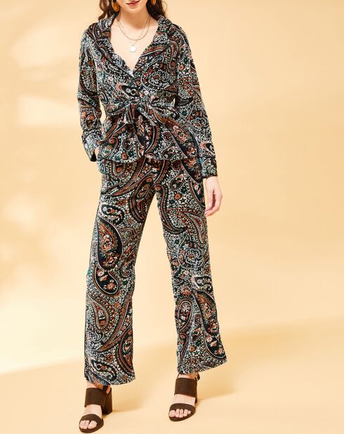 Samthose Margua mit smaragdgrünem Kaschmir-Print