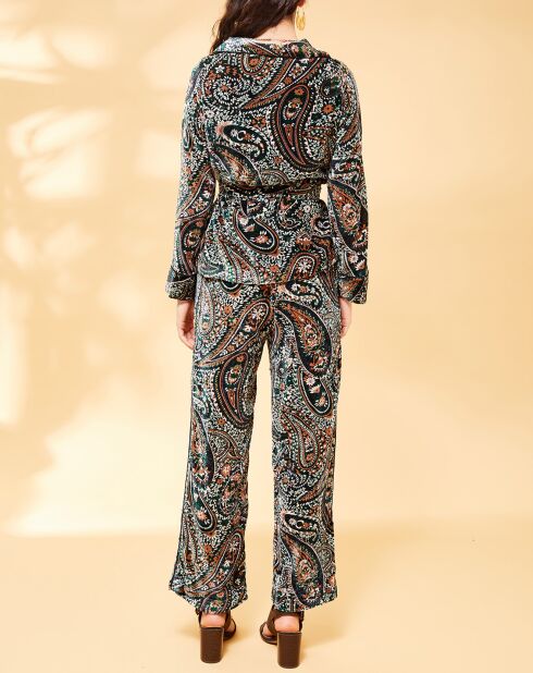 Samthose Margua mit smaragdgrünem Kaschmir-Print