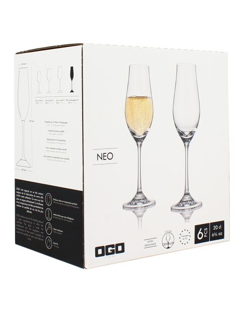 6 Flutes à champagne Neo transparents -  20cl