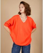 Pull poncho 100% Cachemire Kelly col V manches courtes corail fluo