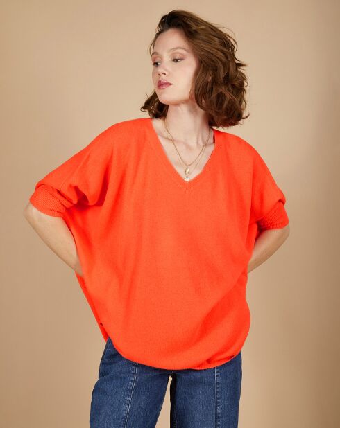 Pull poncho 100% Cachemire Kelly col V manches courtes corail fluo