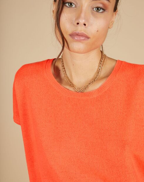 Pull 100% Cachemire Laurène manches courtes corail fluo