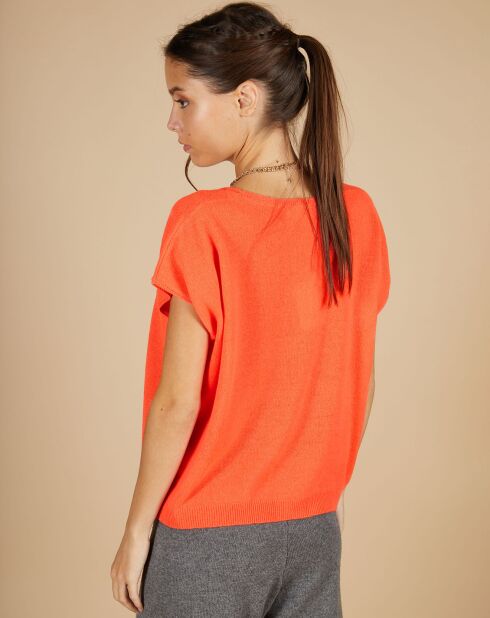 Pull 100% Cachemire Laurène manches courtes corail fluo