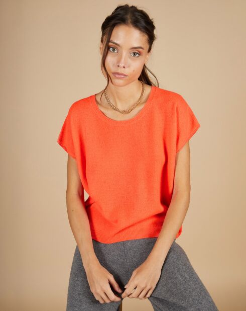 Pull 100% Cachemire Laurène manches courtes corail fluo