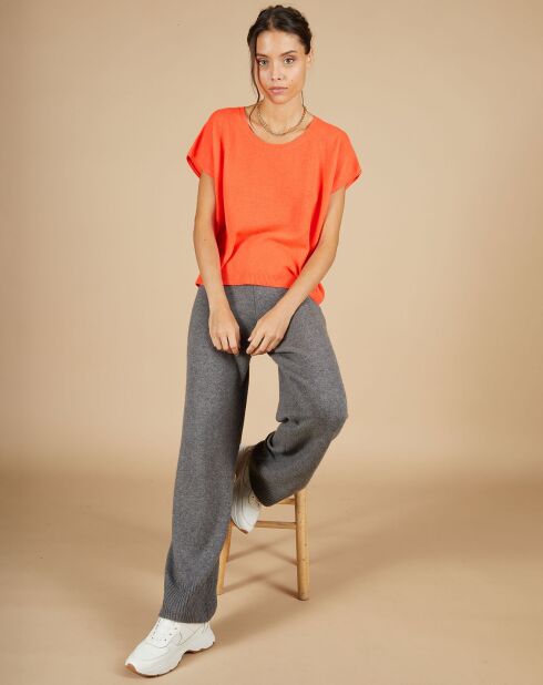 Pull 100% Cachemire Laurène manches courtes corail fluo