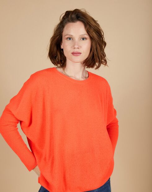 Pull poncho 100% Cachemire Alizée col rond corail fluo