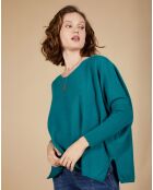 Pull poncho 100% Cachemire Emma col V bleu paon