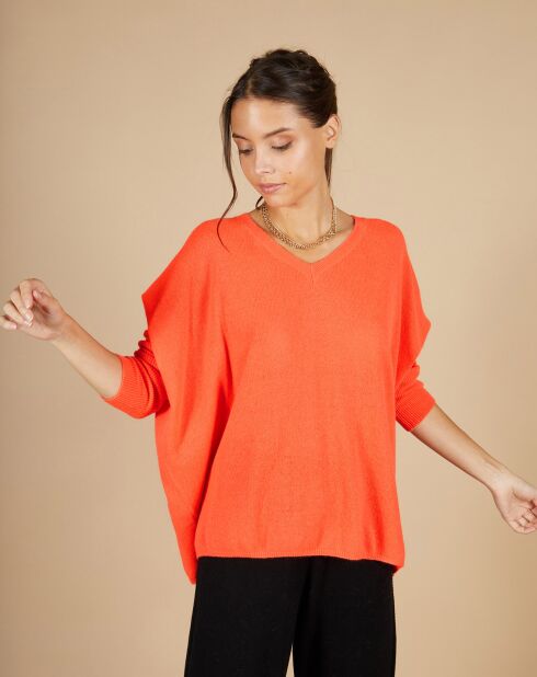 Pull poncho 100% Cachemire Emma col V corail fluo