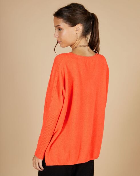 Pull poncho 100% Cachemire Emma col V corail fluo