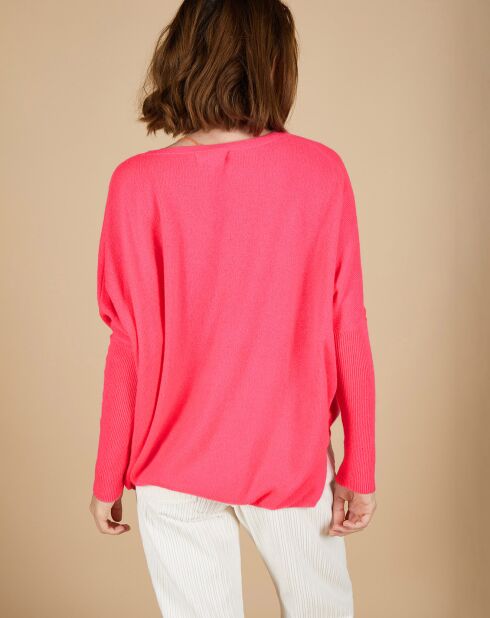 Pull poncho 100% Cachemire Emma col V rose fluo