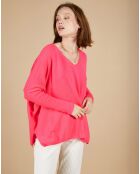 Pull poncho 100% Cachemire Emma col V rose fluo