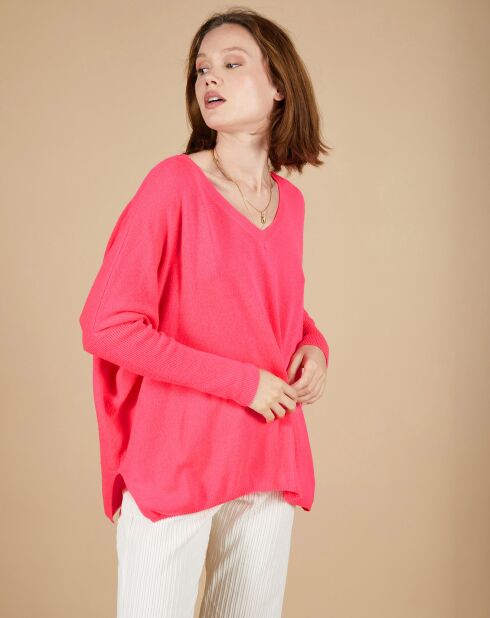 Pull poncho 100% Cachemire Emma col V rose fluo