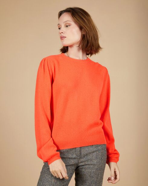 Pull 100% Cachemire Ines col rond tressé corail fluo