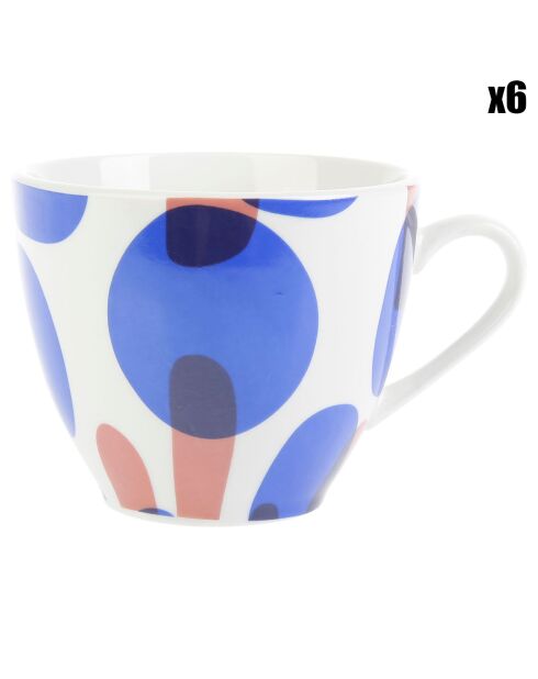 6 Tasses en Porcelaine Encre de soie bleu/rouge -  18cl