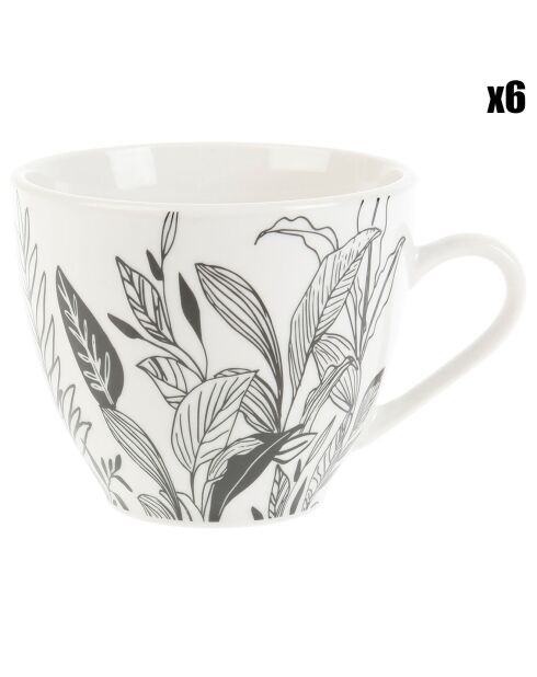 6 Tasses en Porcelaine Esquisse Végétale blanc/noir -  18cl