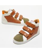 Baskets montantes en Cuir Easy Clay à scratchs camel/kaki/blanc