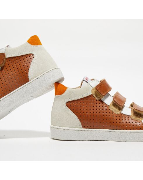 Baskets montantes en Cuir Easy Clay à scratchs camel/kaki/blanc