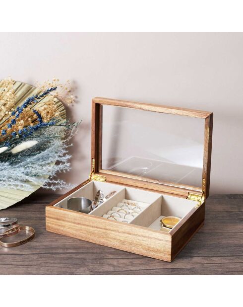 Boîte à bijoux verre et bois - 24x6.6x16 cm