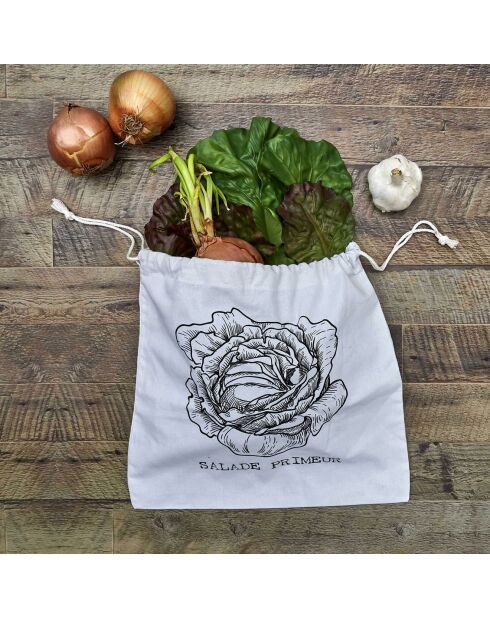 Sac de conservation salade en coton beige/noir - 35x35x1 cm