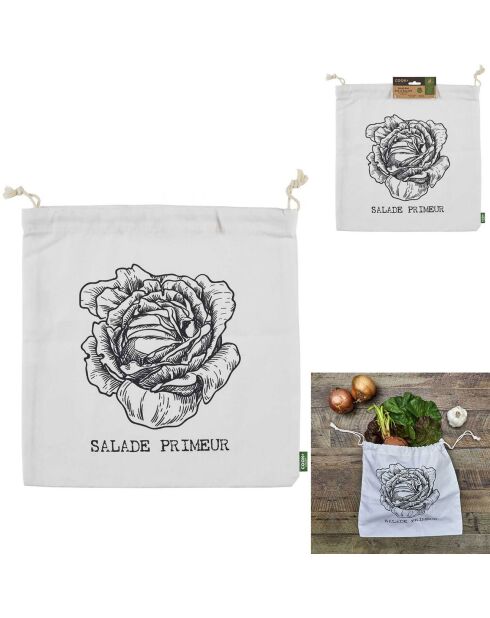 Sac de conservation salade en coton beige/noir - 35x35x1 cm