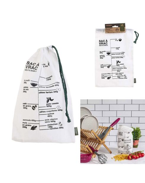Sac à vrac gradué réutilisable blanc - 19.5x32.2x1 cm