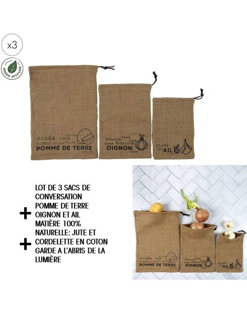 3 Sacs de conservation en toile de jute marron - 37x26.7x0.1 cm