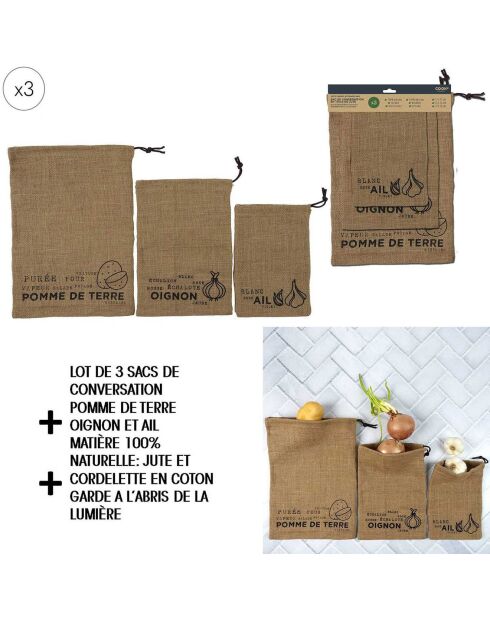 3 Sacs de conservation en toile de jute marron - 37x26.7x0.1 cm