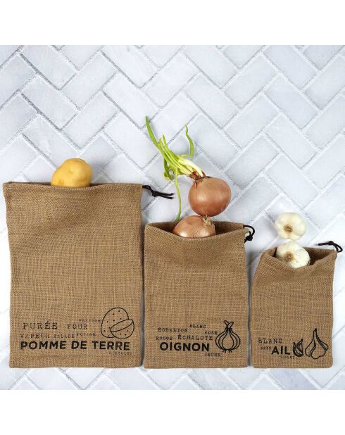 3 Sacs de conservation en toile de jute marron - 37x26.7x0.1 cm